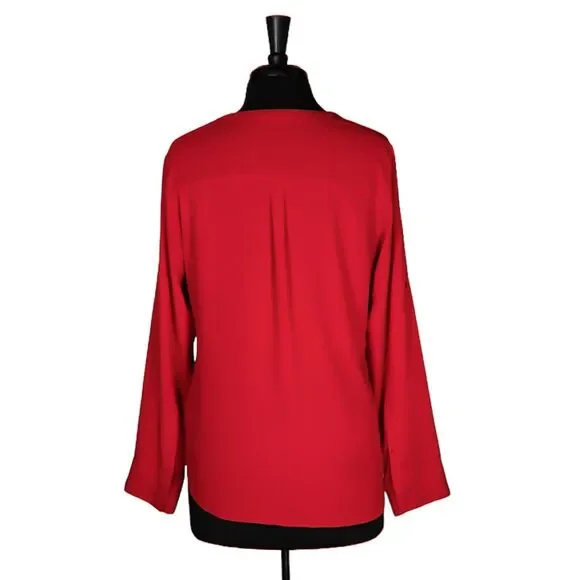 Express Women's Blouse Red V-Neck Roll Tab Long Sleeve Half Button Shirt Top M - Picture 2 of 10